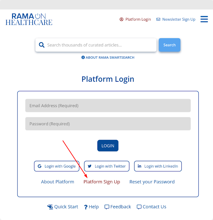 Optionally, click the 'Platform Sign Up' link to register with a password