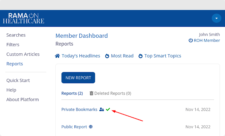 Your default report with a green check will always be listed first